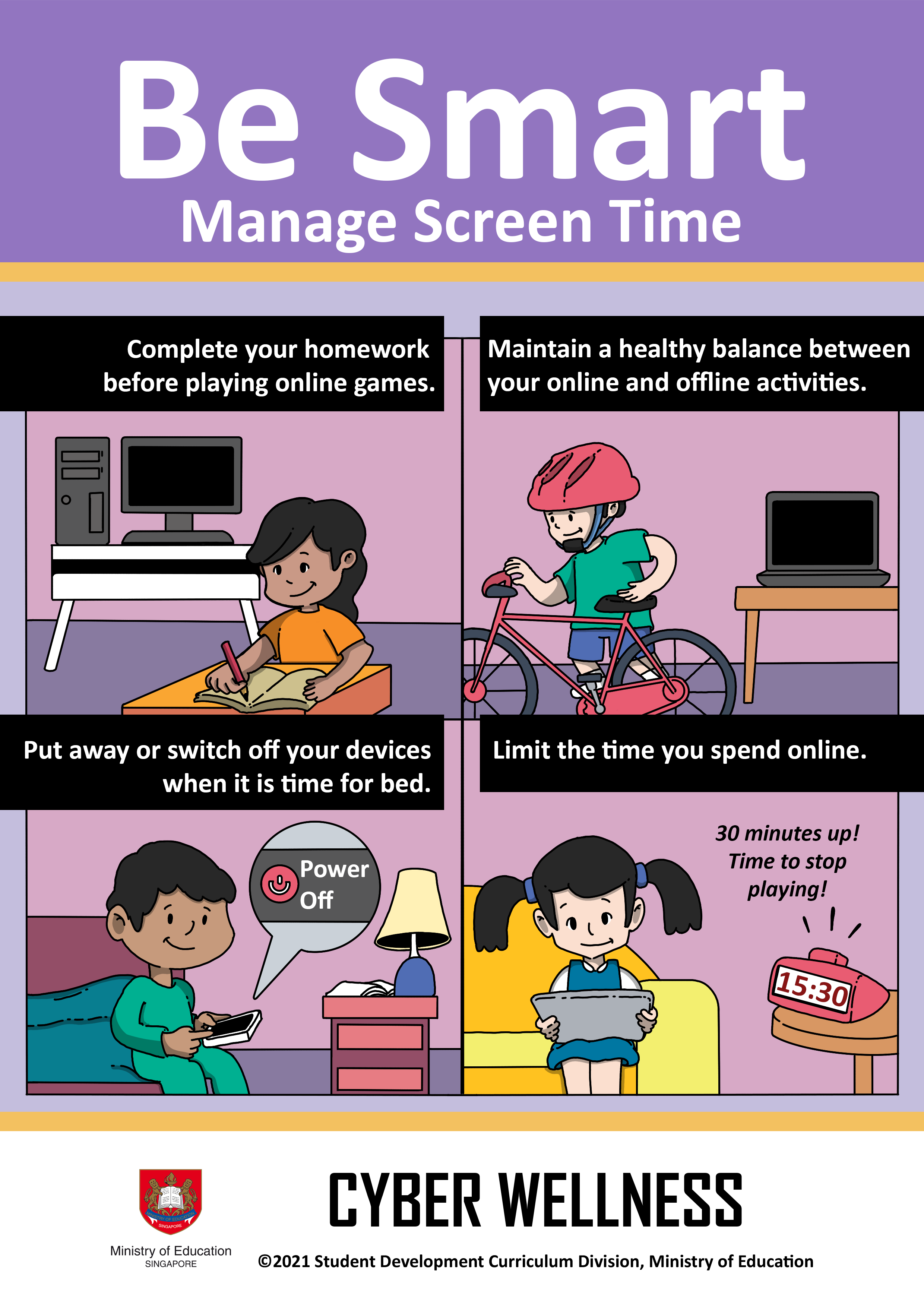 Cyber Wellness poster with four cartoon panels showing children managing screen time through homework, cycling, bedtime, and timer use.